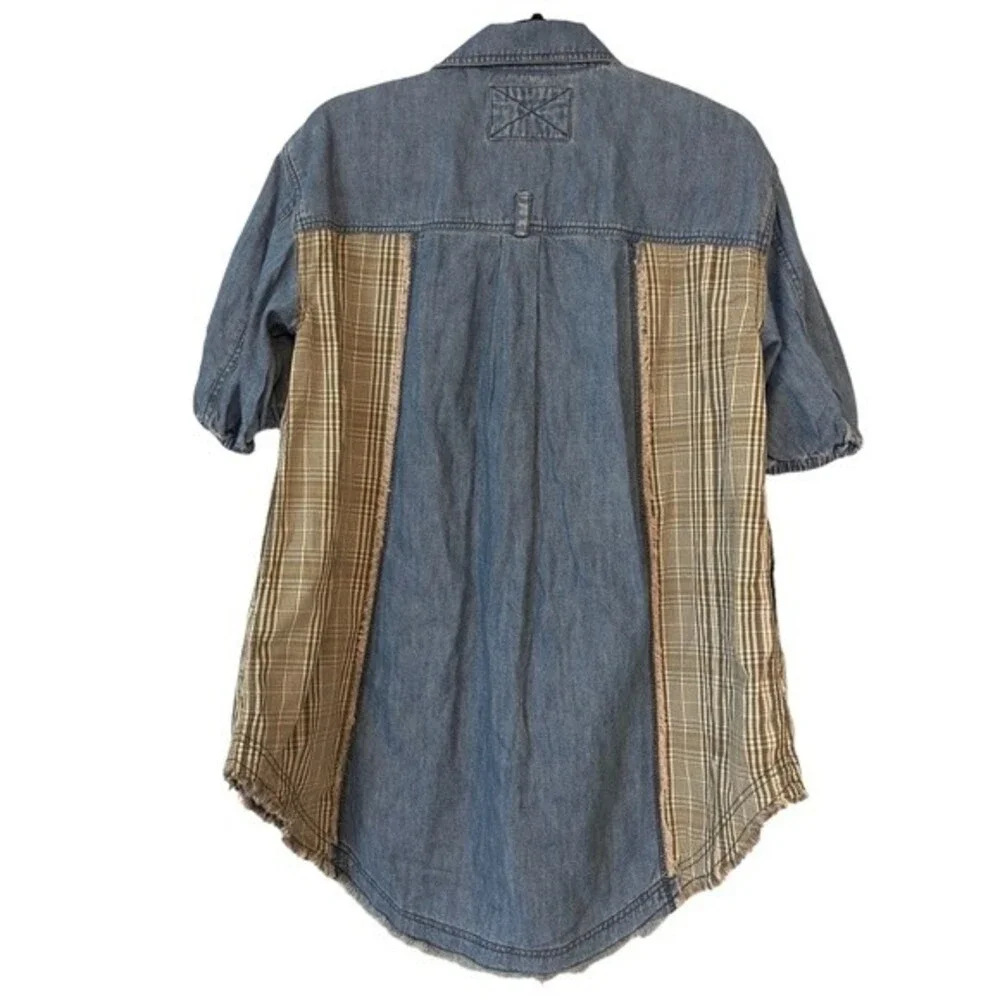 FREE PEOPLE RUNAWAY PLAID AND DENIM TOP SIZE XS - Picture 3 of 11